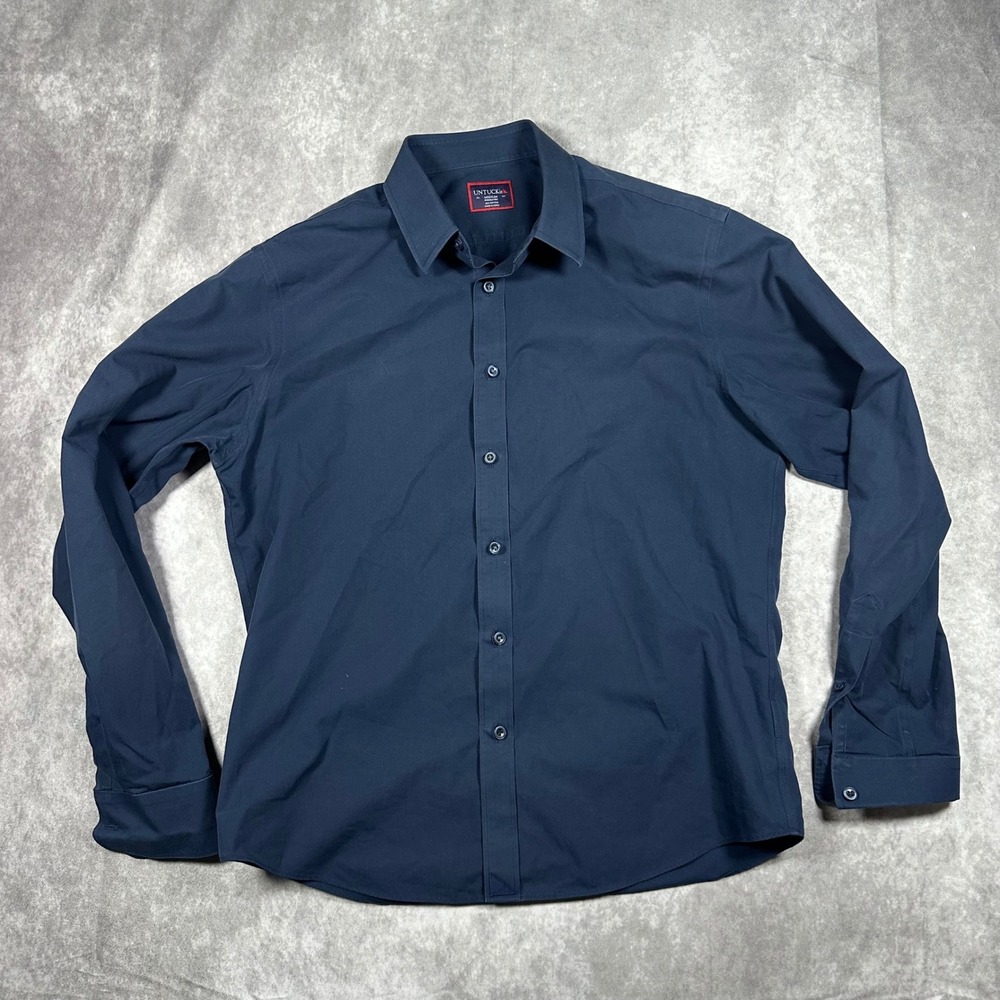 UNTUCKit Mens M Navy Blue Wrinkle Free Cotton Long Sleeve Button Down Shirt Prep